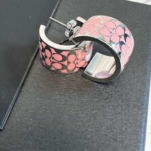 NWT SILVER PINK COACH SIGNATURE MONOGRAM ENAMEL EARRINGS